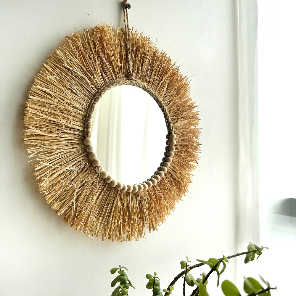 Handmade Boho Raffia Mirror Wa - Rattan Mirror Round review and price